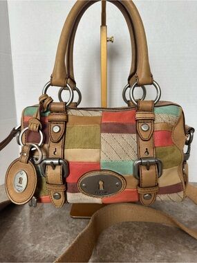 Fossil Maddox Vintage Patchwork Leather Satchel Crossbody Bag Multi-Color Boho